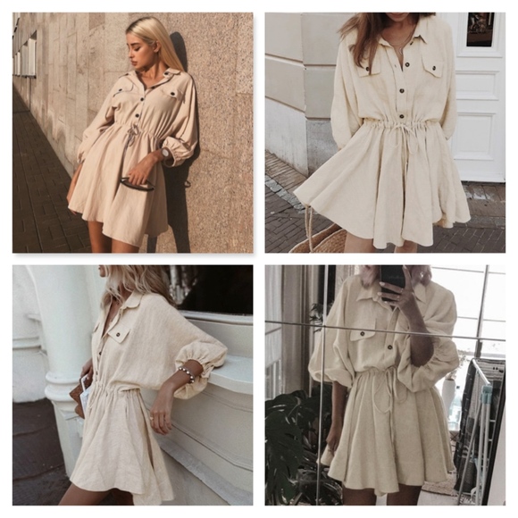 Drawstring Safari Beige Cotton Button Up Dress - Picture 2 of 10